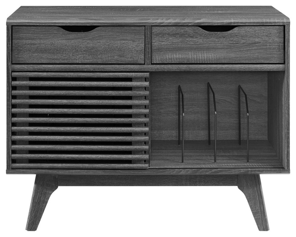 Vinyl Record Side Table Cabinet Stand, Charcoal Gray, Wood, Mid Century