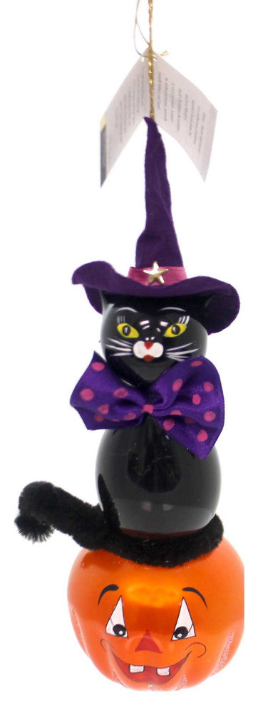 De Carlini Italian Ornaments Black Cat On Pumpkin Tree Ornament Halloween Jol
