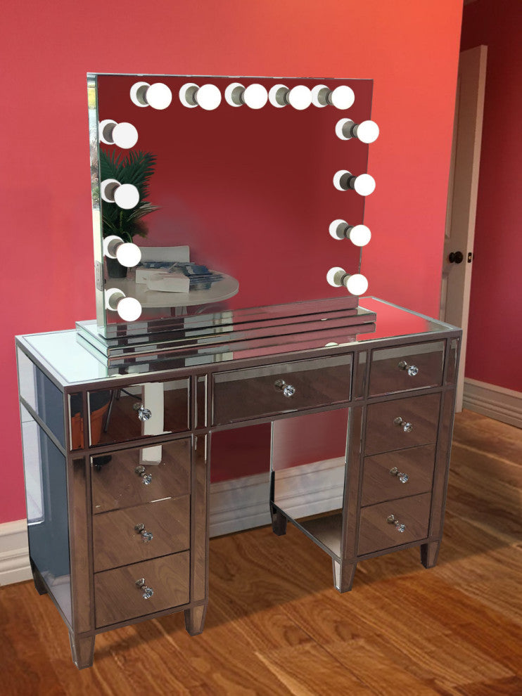 48" Mirrored Vanity Table MultiDrawer With LED  Dimmable Hollywood Mirror and Ch