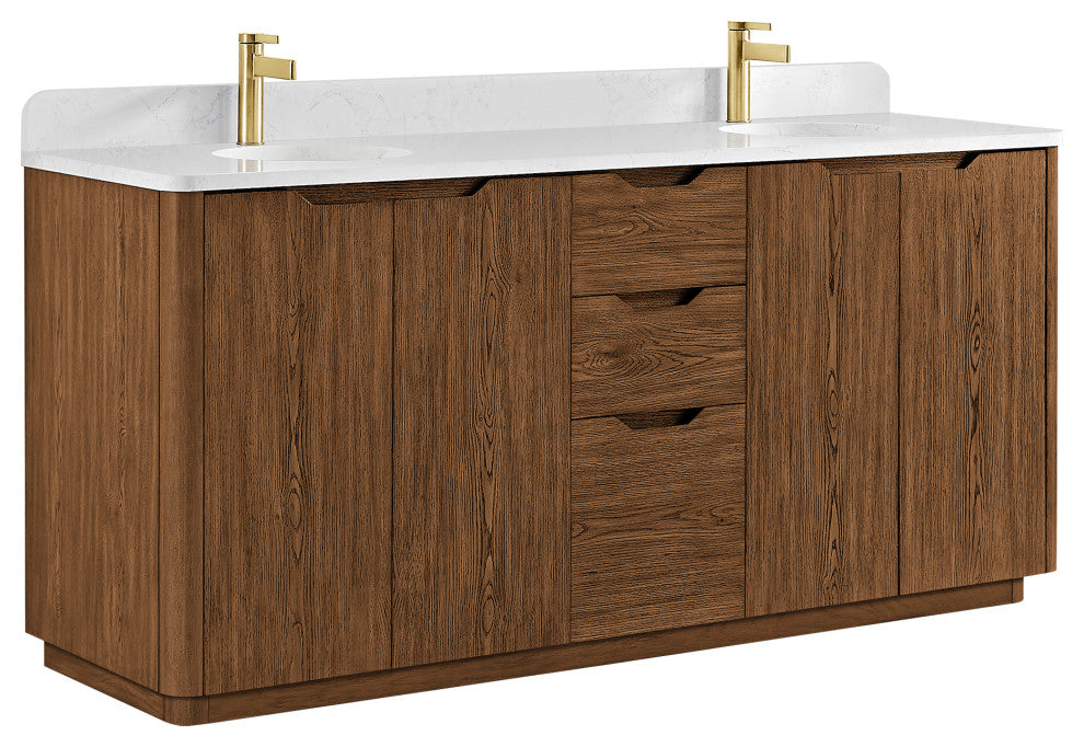 Abuja Bathroom Vanity, Stone Top, No Mirror, Oak Weathered Brown, 72", Double Vanity