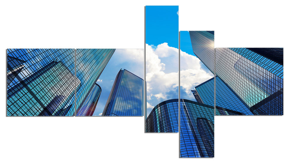 Elevated Business Buildings, Cityscape Canvas Art Print, 60"x32", 5 panels