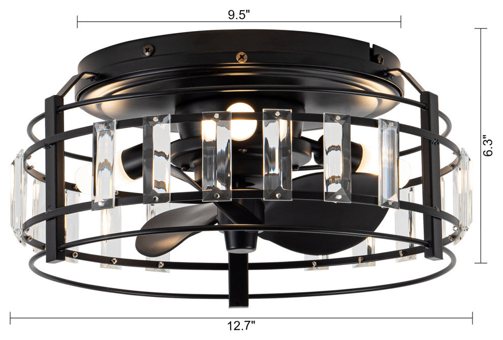 12.7 Black Crystal Cage Flush Mount Ceiling Fan with Remote Control