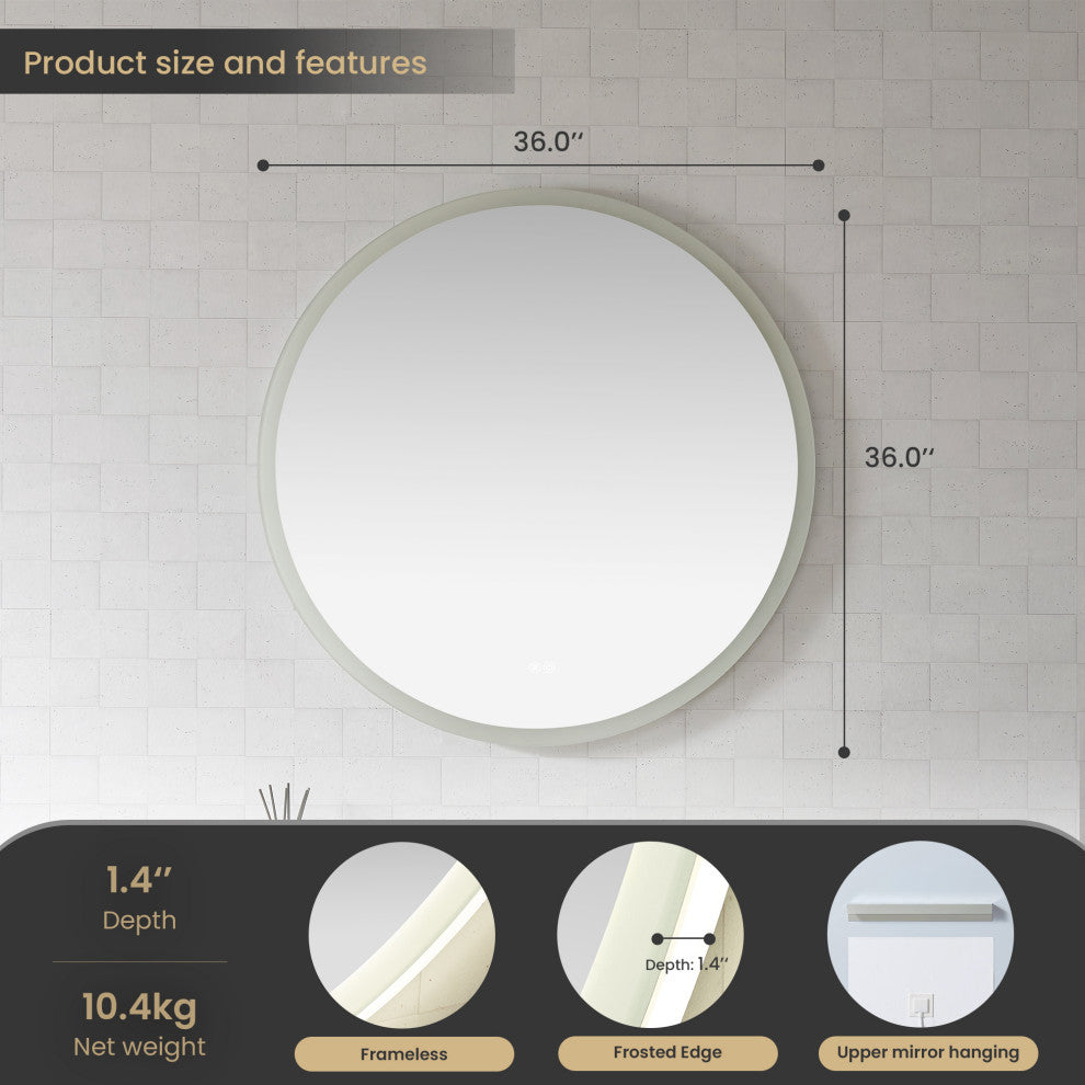 Moscow Circular Frameless LED Wall Bath Vanity Mirror, Acrylic, 36"w X 36"h