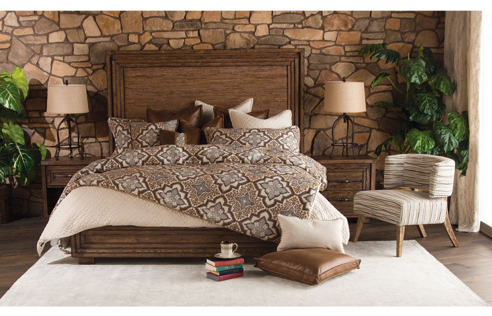 Aico Amini Carrollton Queen Panel Bed w Fabric Insert in Rustic Ranch