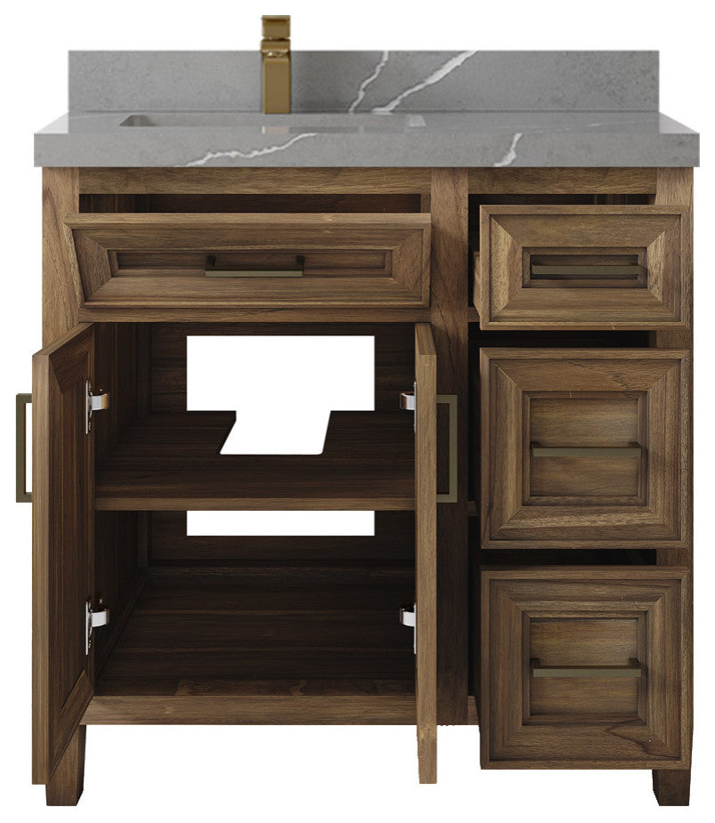Santa Monica 36 Left Offset  Bath Vanity in Graywashed Teak 2" Piatra Gray