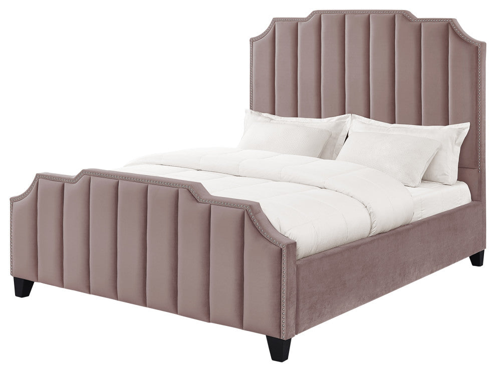 Inspired Home Zaida Bed, Velvet Upholstered, Pink, Queen