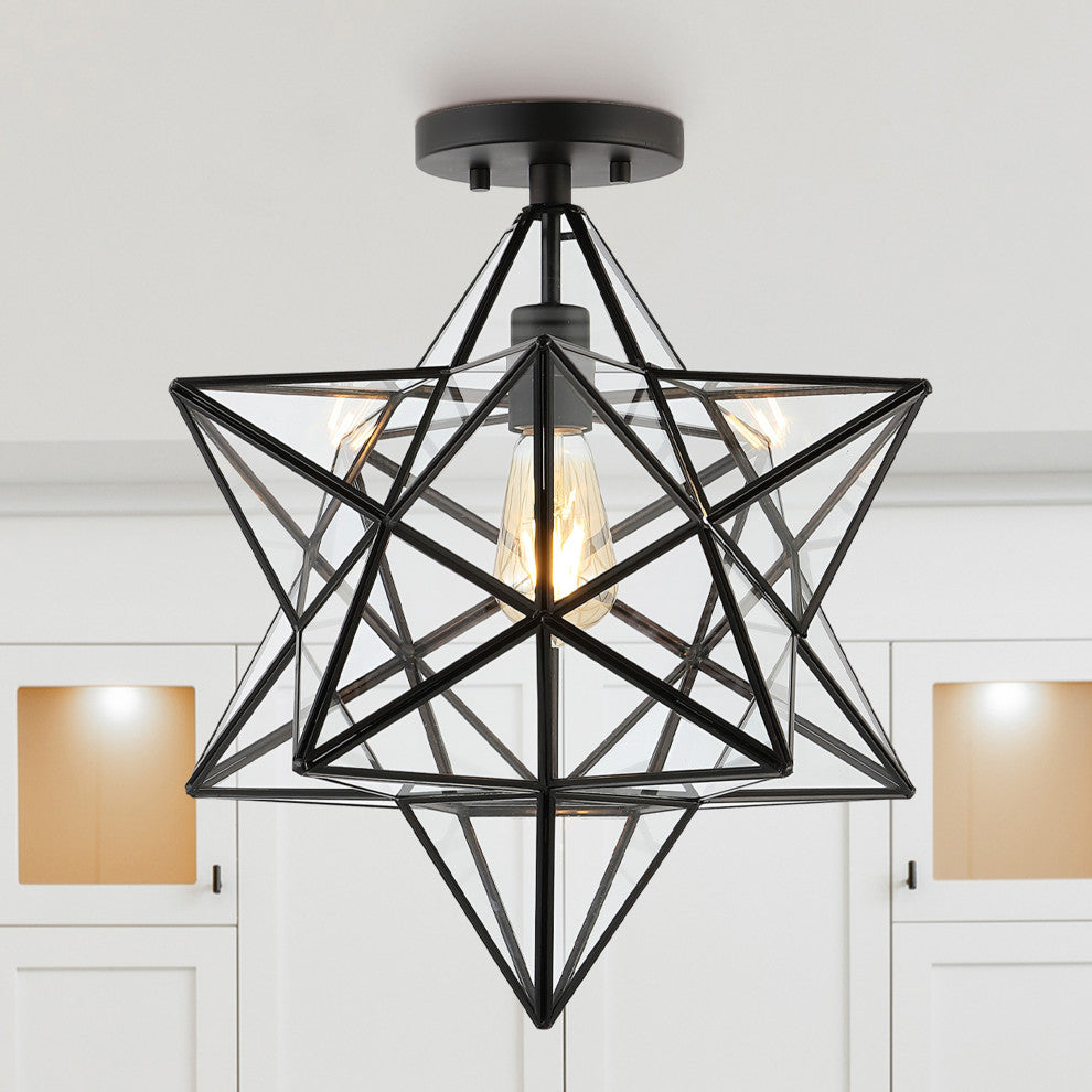 Ava 14.5" 1-Light Farmhouse Bohemian Iron/Glass LED Semi Flush Mount,Black/Clear