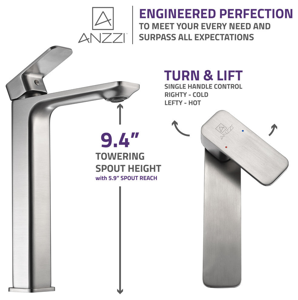 ANZZI Vibra Series Single Handle Vessel Bathroom Sink Faucet, Brushed Nickel