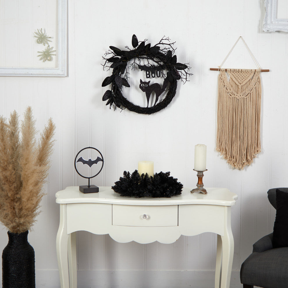 Nearly Natural W1207 22 Halloween Black Cat and Bat Boo Twig Wreath