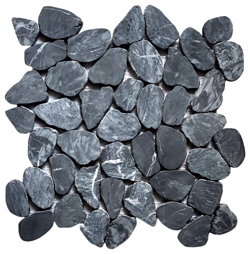 Tempest Black Sliced Round Pebble Tile - Natural Stone for Shower & Backsplash