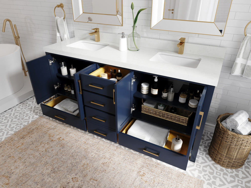 Malibu 72 Double Sink Bath Vanity in Navy Blue 2" Piatra Gray