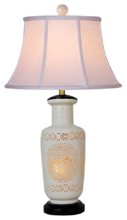 Chinese Bone China Porcelain Poked Hole Vase Table Lamp Shade and Finial 35"