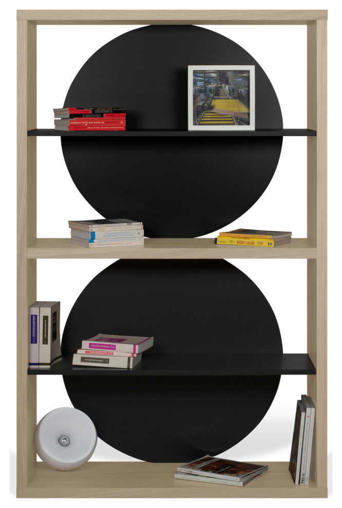Zero Contemporary Unique Wood Book Shelf Display, Light Oak/Pure Black