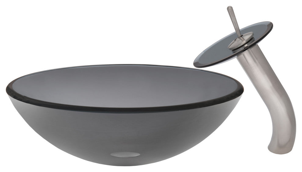 Nera Round Clear Slate Grey Glass Vessel Bath Sink Combo with Faucet and Drain, Brushed Nickel