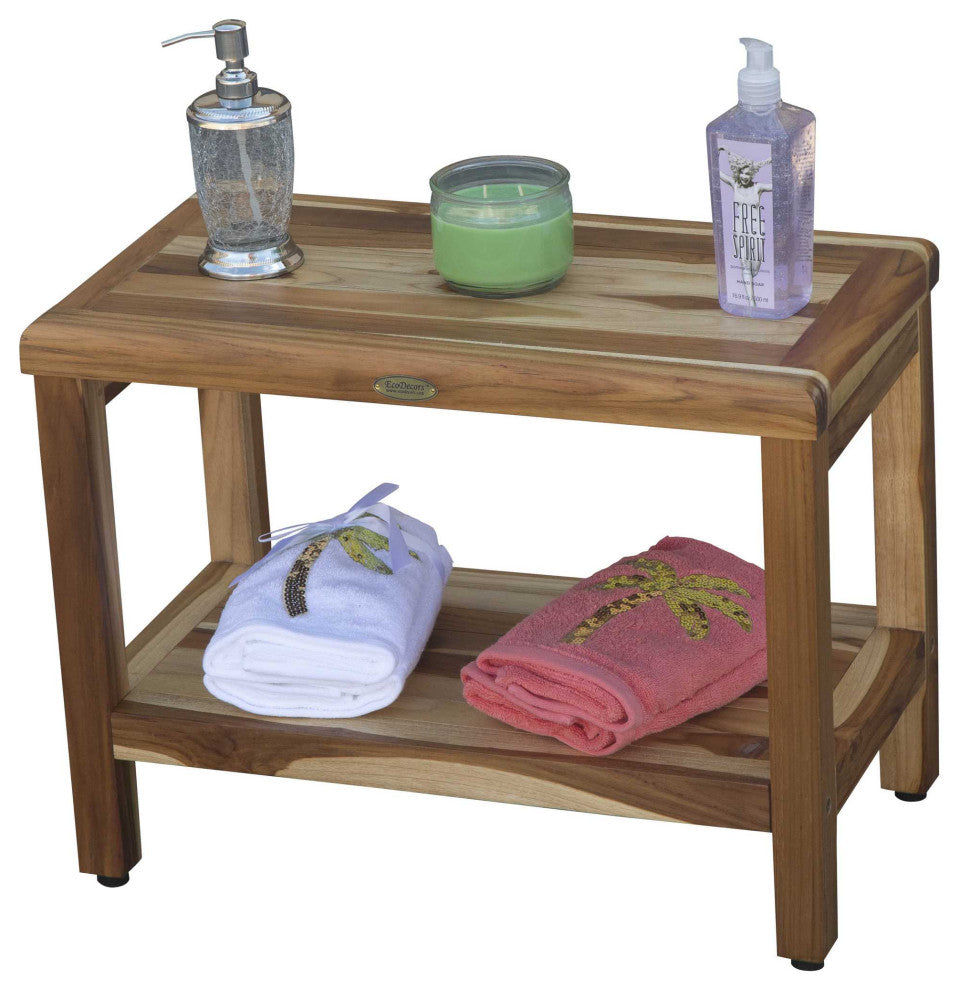 HomeRoots Rectangular Teak Shower Bench With Shelf, Natural Finish