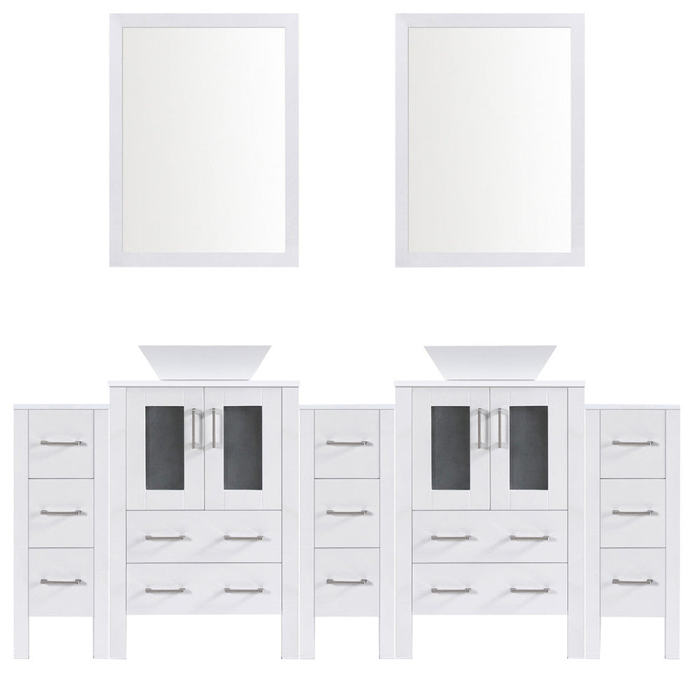 Modern Vanity Set With Two Sink Bases With Mirrors and Three Drawer Bases, White