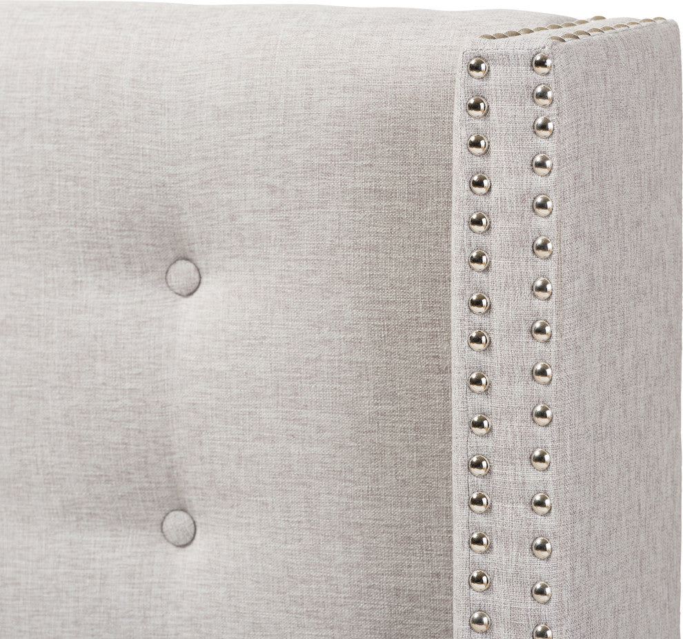 Ginaro Grayish Beige Fabric Button-Tufted Nail Head King Size Winged Headboard