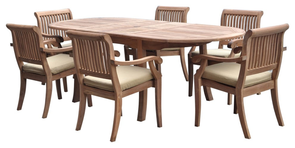 7-Piece Outdoor Teak Dining Set: 94" Oval Ext Table, 6 Arbor Stacking Arm Chairs