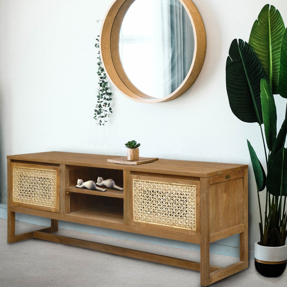 Recycled Teak Wood West Indies Cane Media Center With 2 Doors