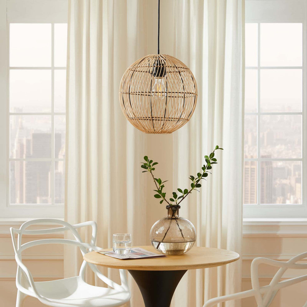 Pendant Ceiling Light Fixture, Brown Natural, Wood, Modern, Mid Century