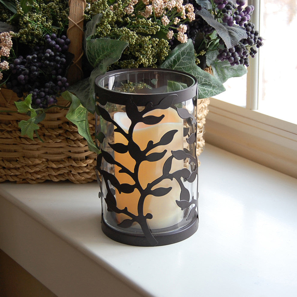 Metal Lantern With LED Candle, Black Round Vine, Set of 2