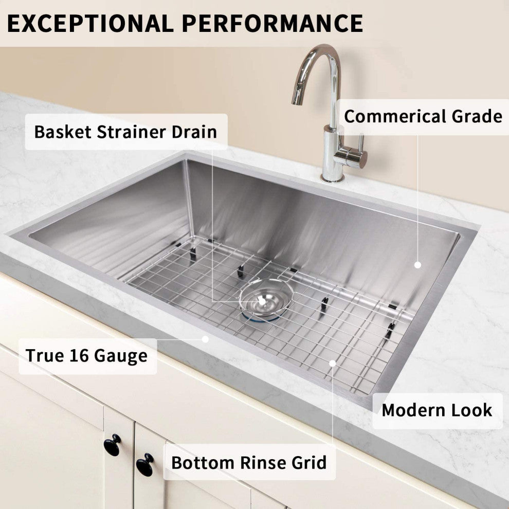 Stainless Steel Undermount Single Bowl Kitchen Sink with Accessories, Silver, 30