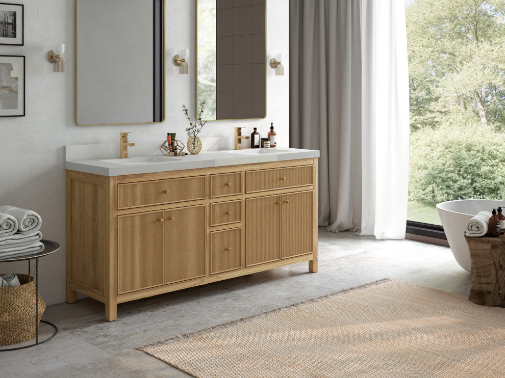 Sonoma 72 Double Sink Bath Vanity in Light Natural Teak with 2" Carrara Quartz