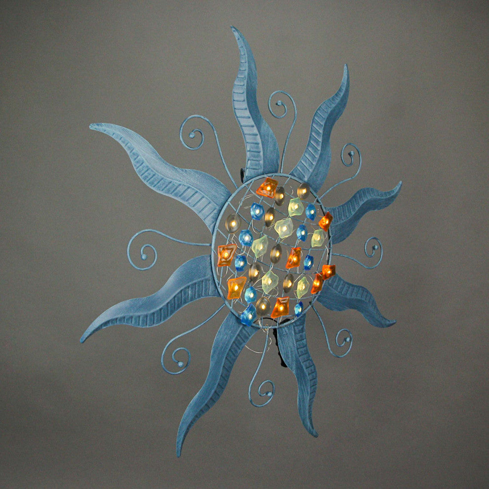 28 Inch Blue Metal Sun LED Light Wall Sculpture Decorative Rustic Home Decor Ar