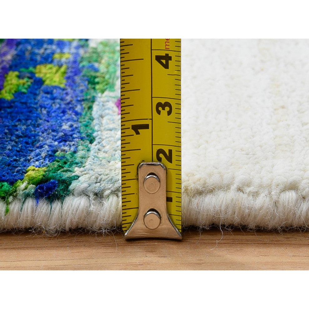 Colorful Modern Abstract Motifs Wool and Sari Silk Hand Knotted Rug, 3'0"x5'0"