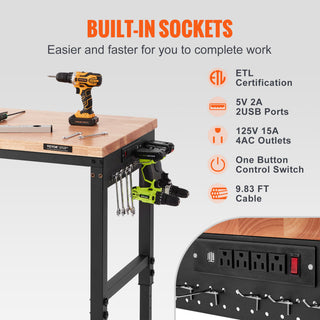 VEVOR Adjustable Height Workbench 48"L x 24"W Table With Power Outlets