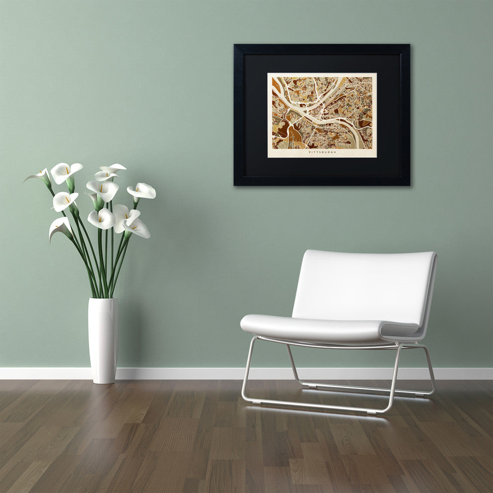 "Pittsburgh Street Map" Matted Framed Canvas Art by Michael Tompsett