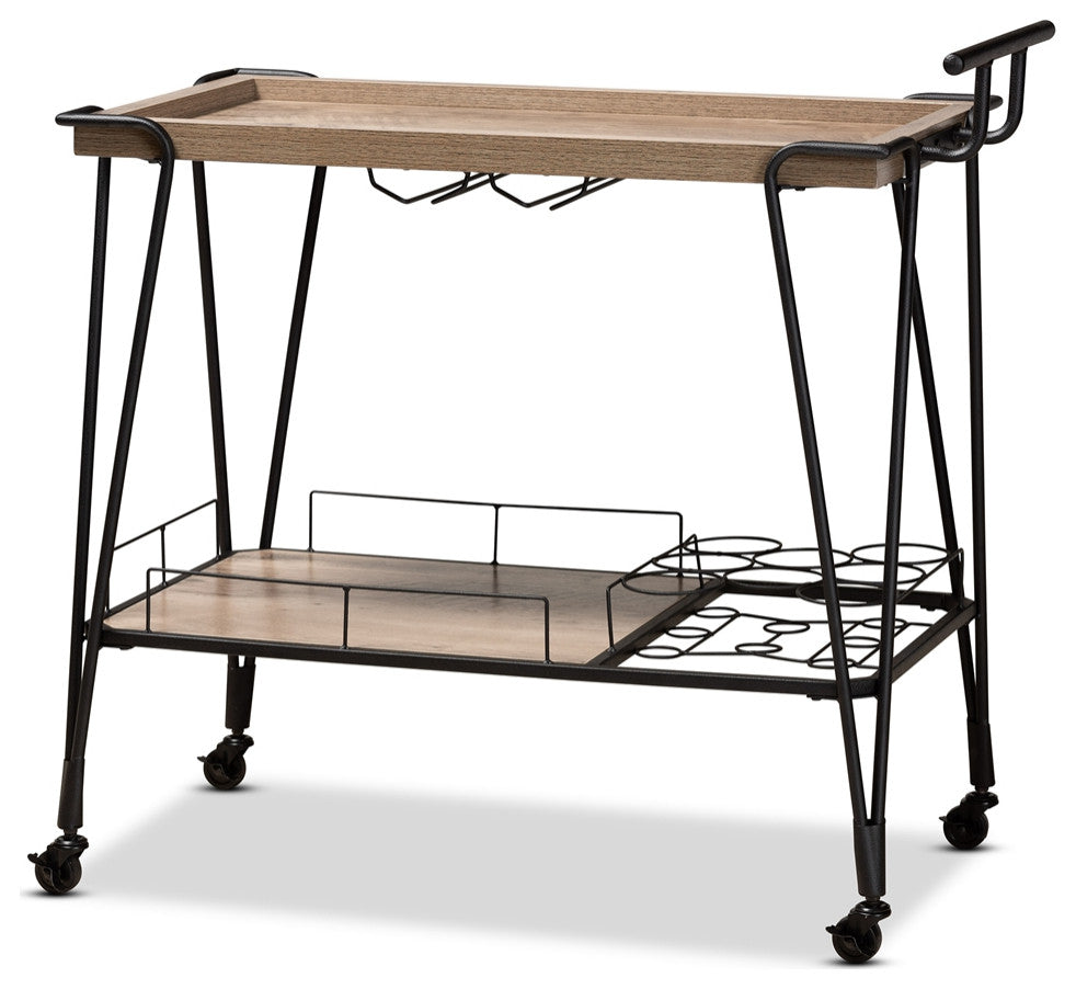 Modern Rustic Oak Brown Finished Wood Metal 2- Tier Wine Serving Cart