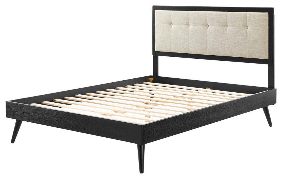 Platform Bed Frame, King Size, Wood, Black Beige, Modern Mid-Century, Bedroom