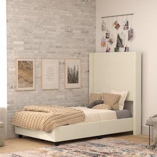 Quinn Upholstered Platform Bed with Channel Stitched Wingback Headboard, Beige, Twin
