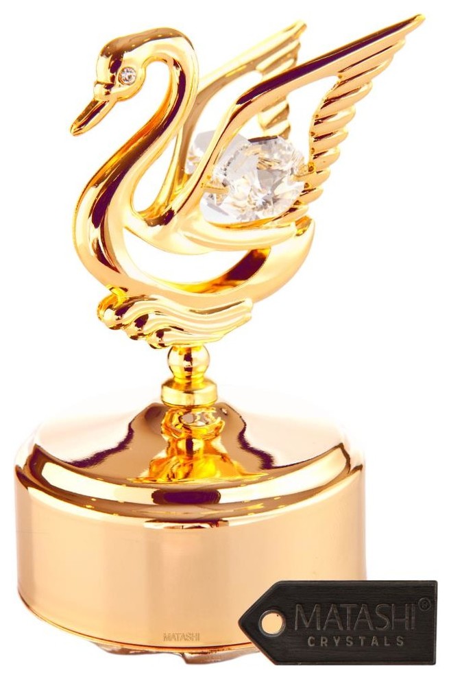 24K Gold Plated Music Box With Crystal Studded Swan Figurine