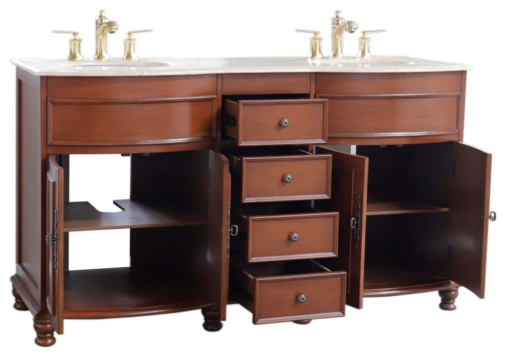62" Double Sink Vanity Walnut Finish, Travertine Top