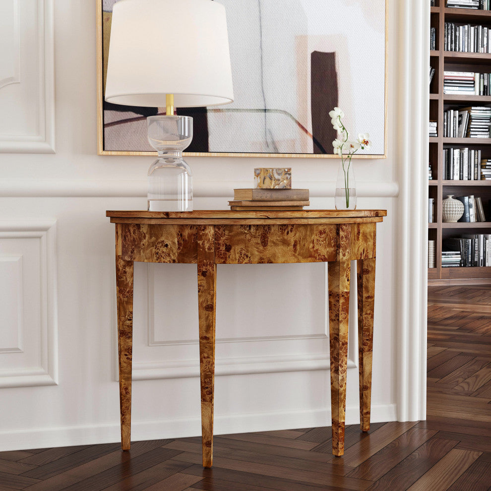 Hampton Burl Wood Demilune 36" Console Table, Brown