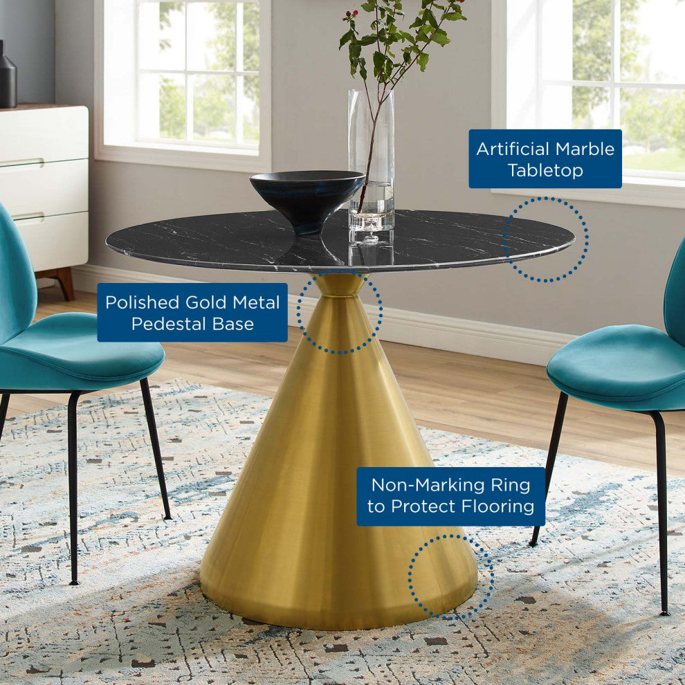 Dining Table, Round, Artificial Marble, Metal, Gold Black, Modern, Cafe Bistro
