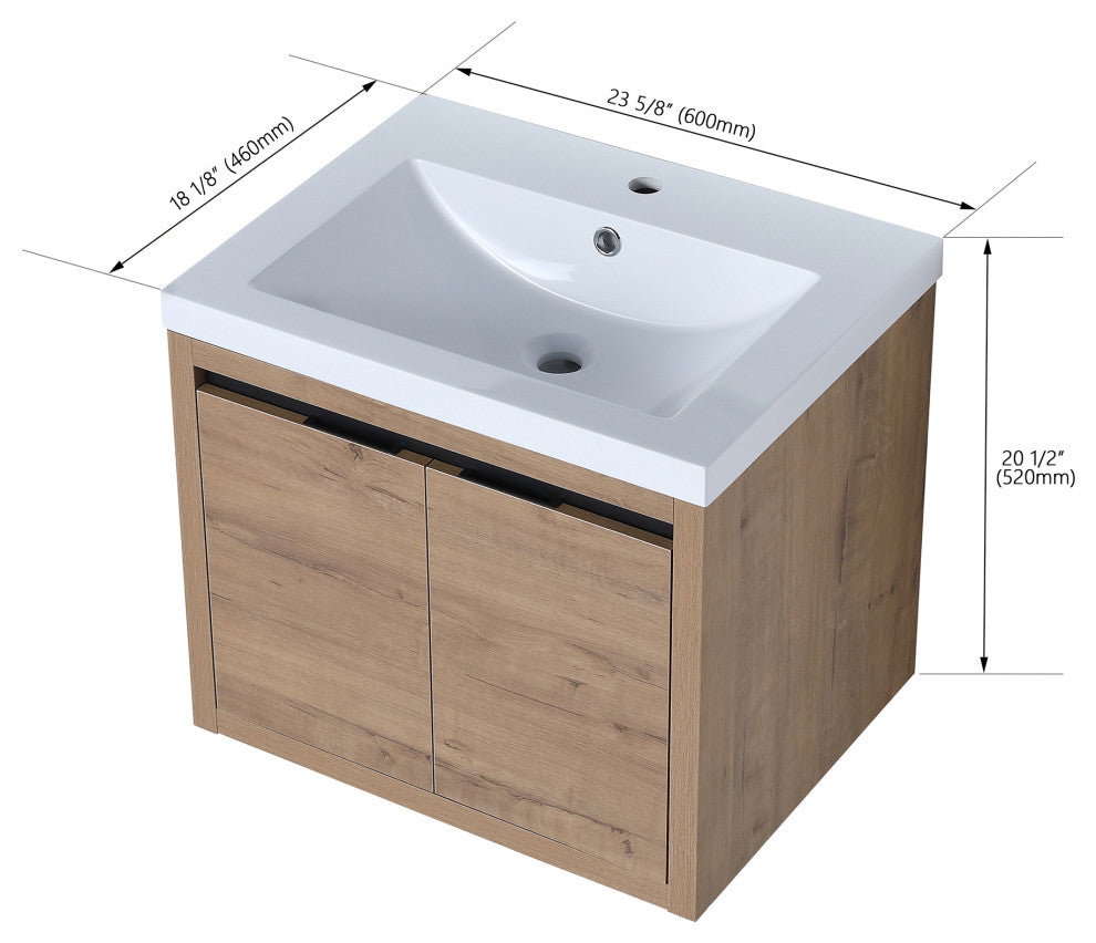 Bathroom Vanity With White Resin Top and Basin, Imitative Oak, 24x18