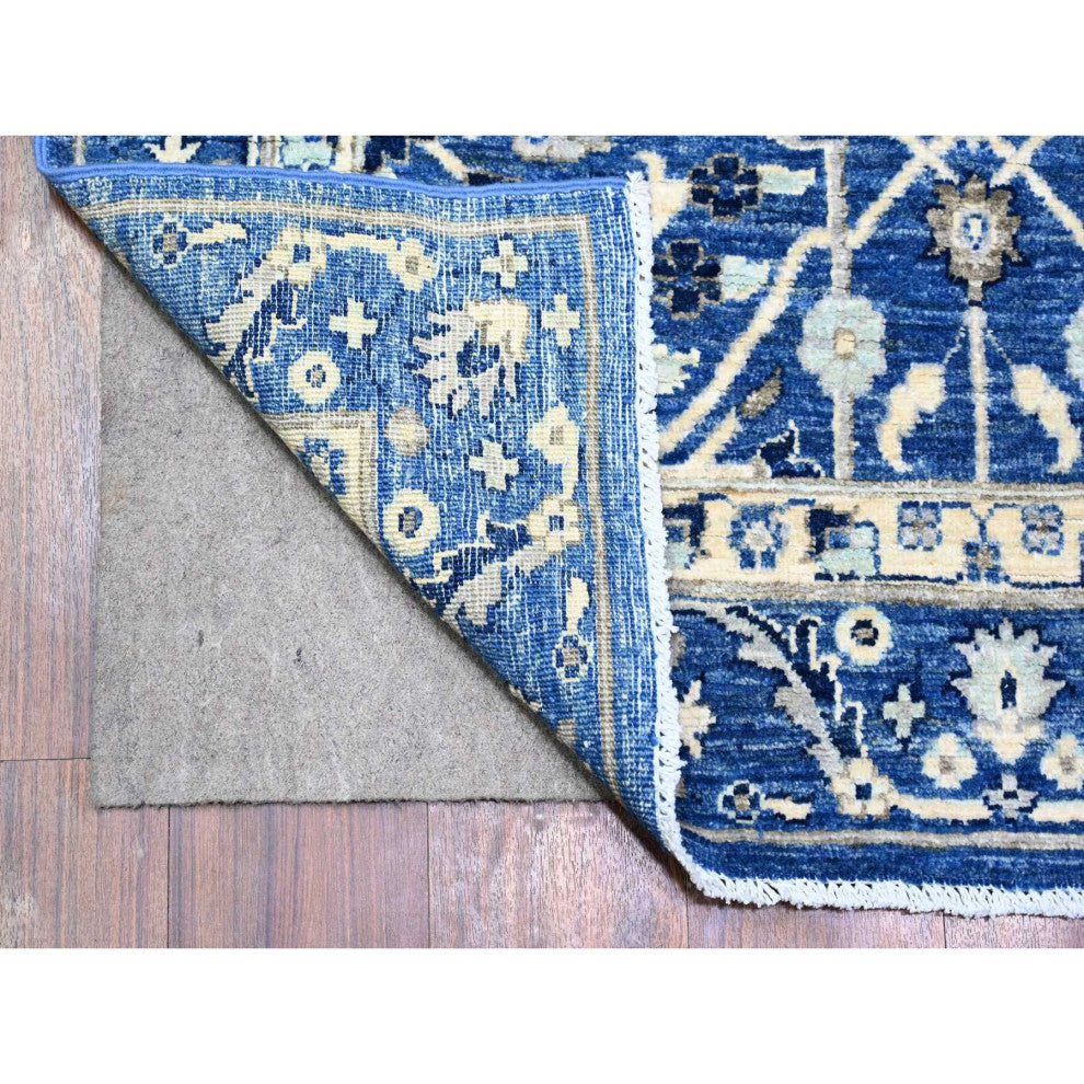 Sapphire Blue Natural Wool Fine Peshawar Hand Knotted Wide Runner Rug 3'7"x9'11"