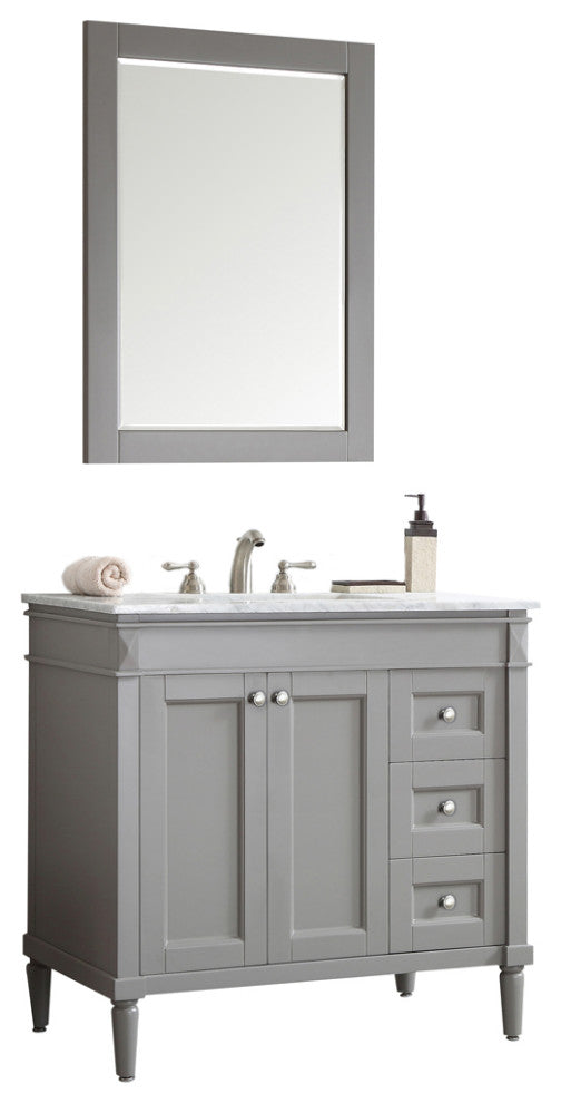 Catania 36" Vanity in Grey with Carrara White Marble Countertop With Mirror