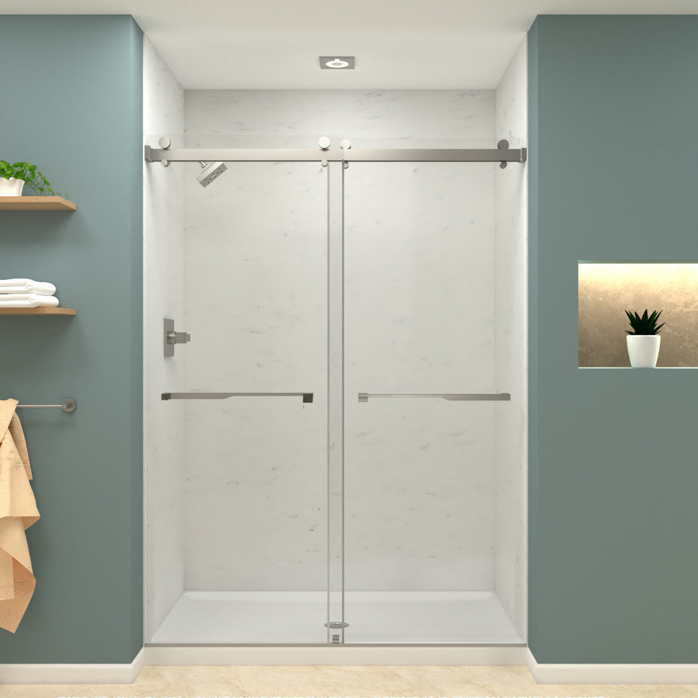 Brooklyn 60"x80" Frameless By-Pass Shower Door, Iron Glass, Brushed Stainless