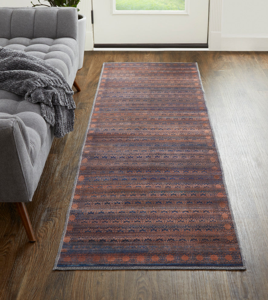 Welch Oriental Machine Washable Tan/Blue Rug, 2'7"x8' Runner
