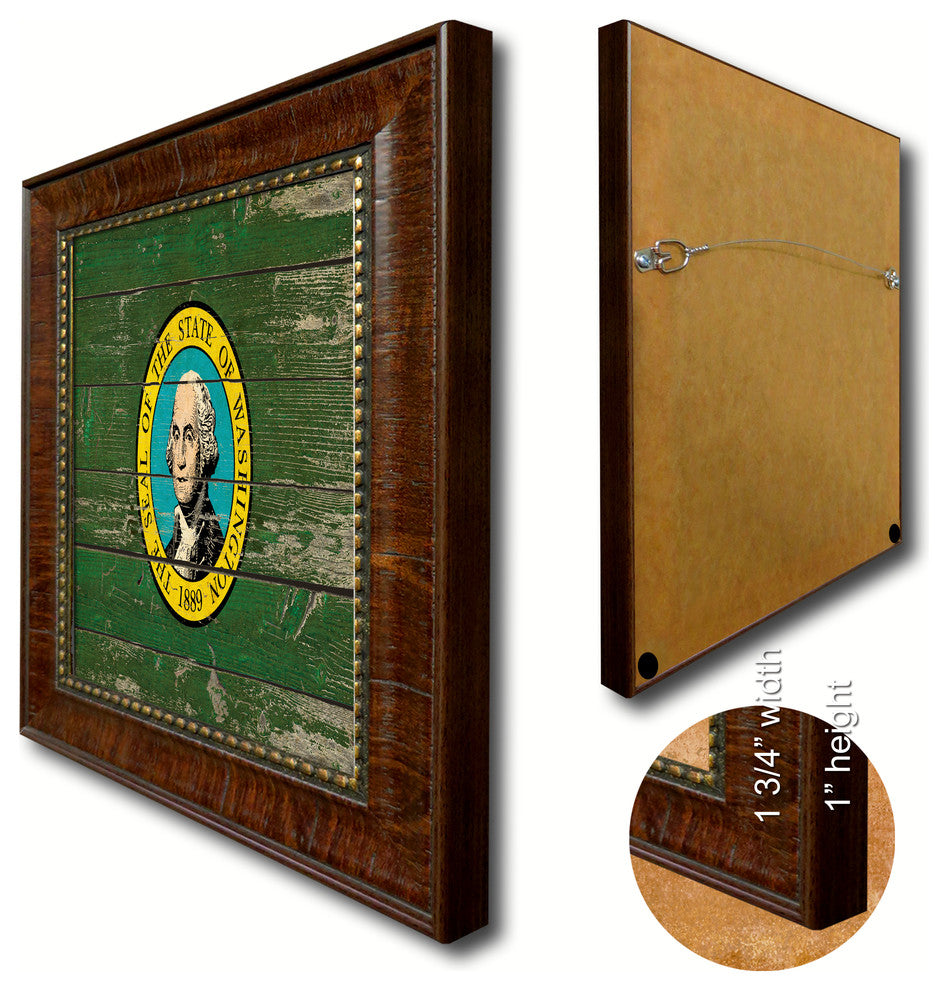 Washington State Vintage Flag Print With Brown Gold Frame, 23"X33"