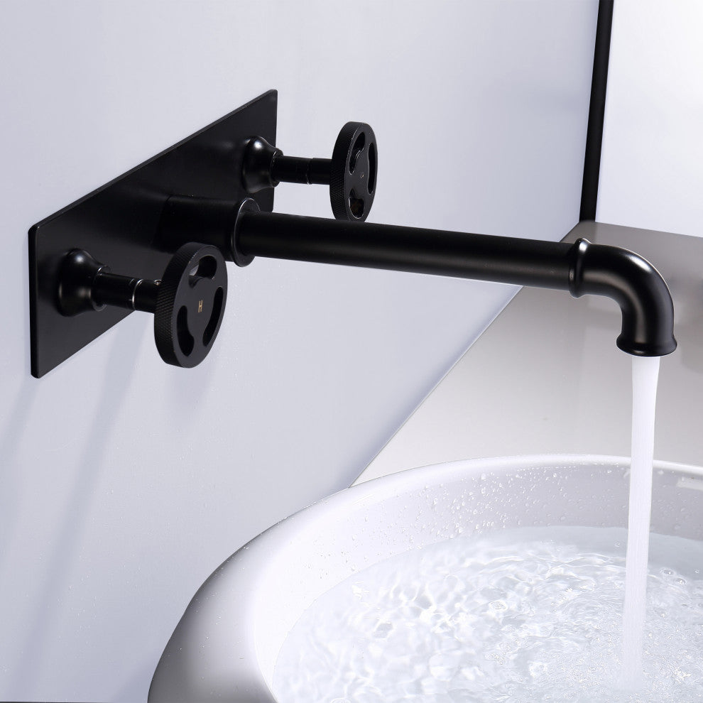 Industrial Chic Wall Mounted Bathroom Sink Faucet, Matte Black
