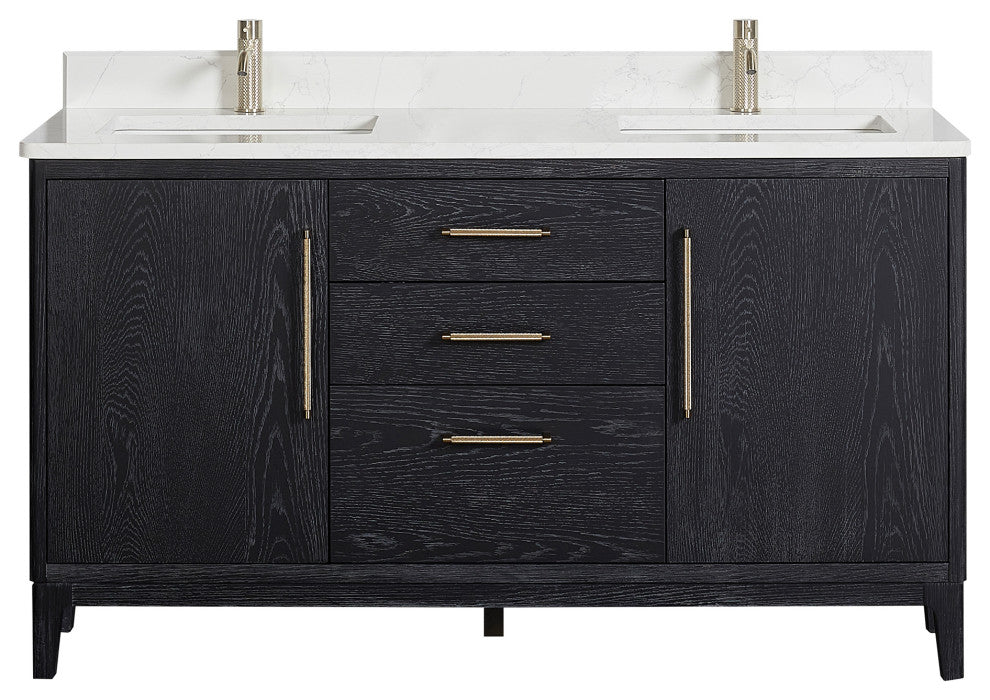 Gara Bath Vanity, Stone Top, Fir Wood Black, 60", Double Vanity, No Mirror