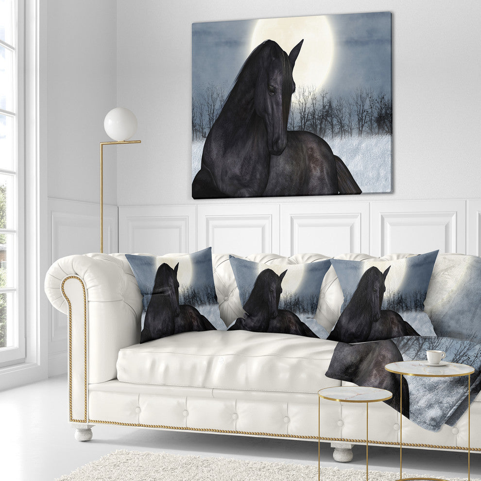 Black Horse in Moonlight Animal Throw Pillow, 18"x18"