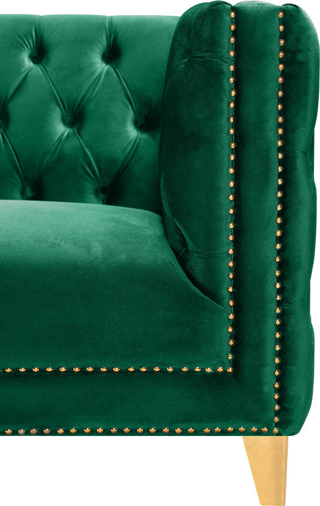 Michelle Fabric Upholstered Chair, Gold Iron Legs, Green, Velvet, Loveseat