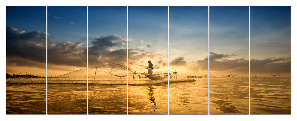 Pakpra with Fisherman at Sunrise, Landscape Canvas Art Print, 83"x32", 7 Panels