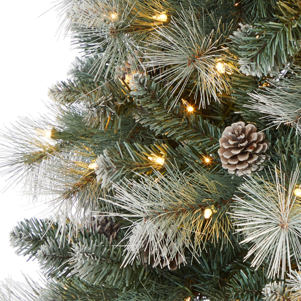 7' Frosted Tip British Columbia Mountain Pine Faux Xmas Tree W/Lights, Pinecones
